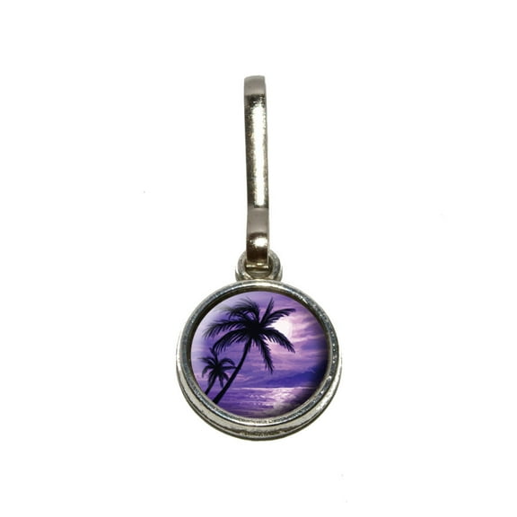 Purple Beach Sunset - Ocean Palm Tree Vacation Paradise Charm Zipper Pull