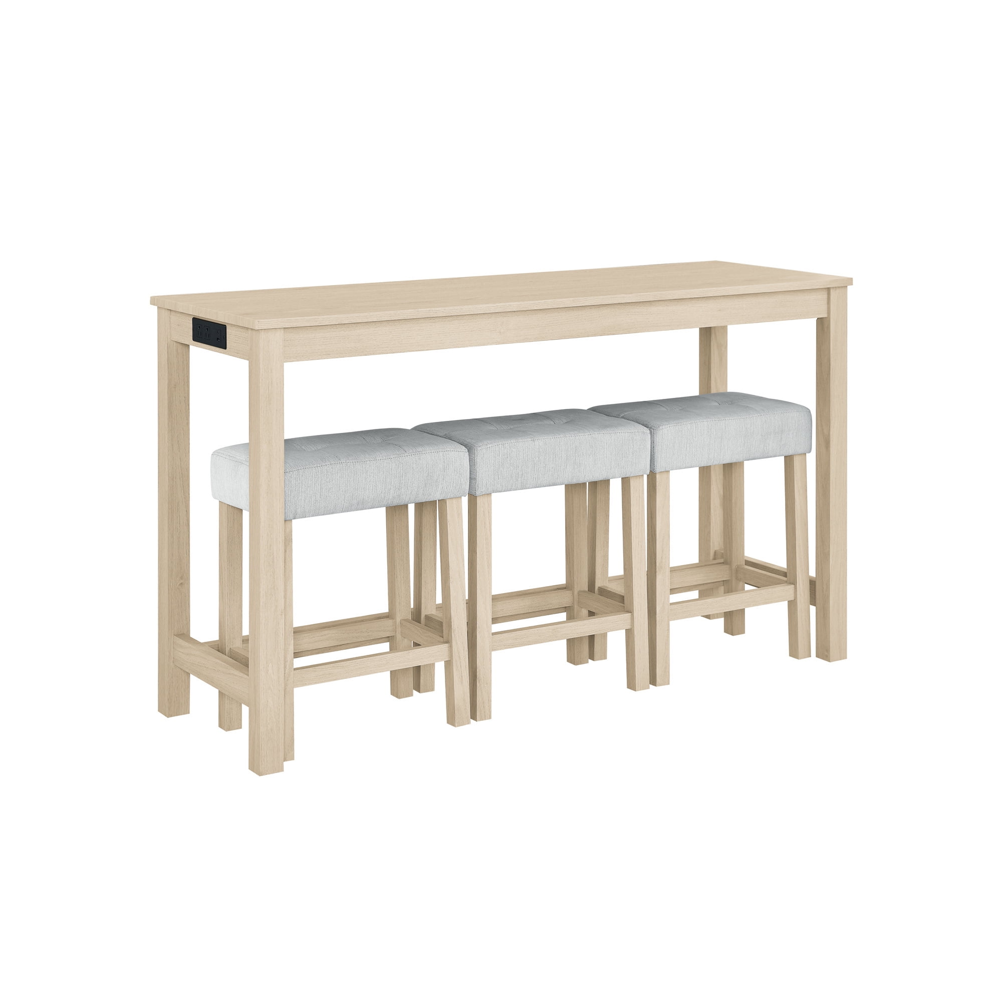 Leumius 4 Piece Bar Table Set with Power Outlet,Rustic Industrial Style Breakfast Table with 3 Padded Stools,Dining Bar Table and Chairs Set for Living Room, Dining Room, Game Room,Light Oak