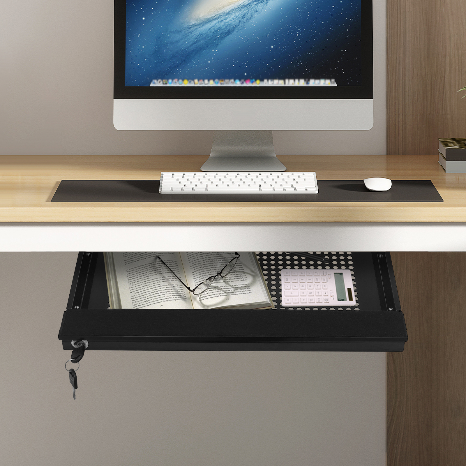 Sliding Pull-out Drawer Black Under-Desk Drawer Storage Organizer W/ 2* Keys for Installed Under The Table