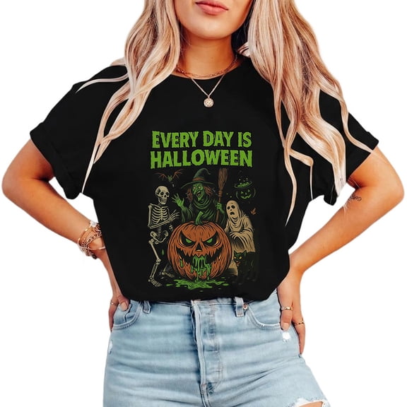 Vintage Halloween Short Sleeve Tops Every Day Is Halloween Print T-shirts Horror Charactersr Graphic Tees Cotton Shirts Black,S