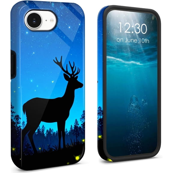 for iPhone 16E Case 2025 for iPhone 17E Case 2026 6.1 inch Dual Layer Cover Hard PC Soft TPU Black Shockproof Protective Cover - Blue Galaxy Forest Deer