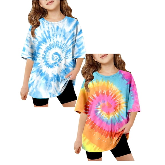 SGMVNU 2 Pack Girls Tie Dye T Shirts Fashion Oversized Tops Summer Casual Loose Short Sleeve Crew Neck Workout Tops, Size 7-8 Years