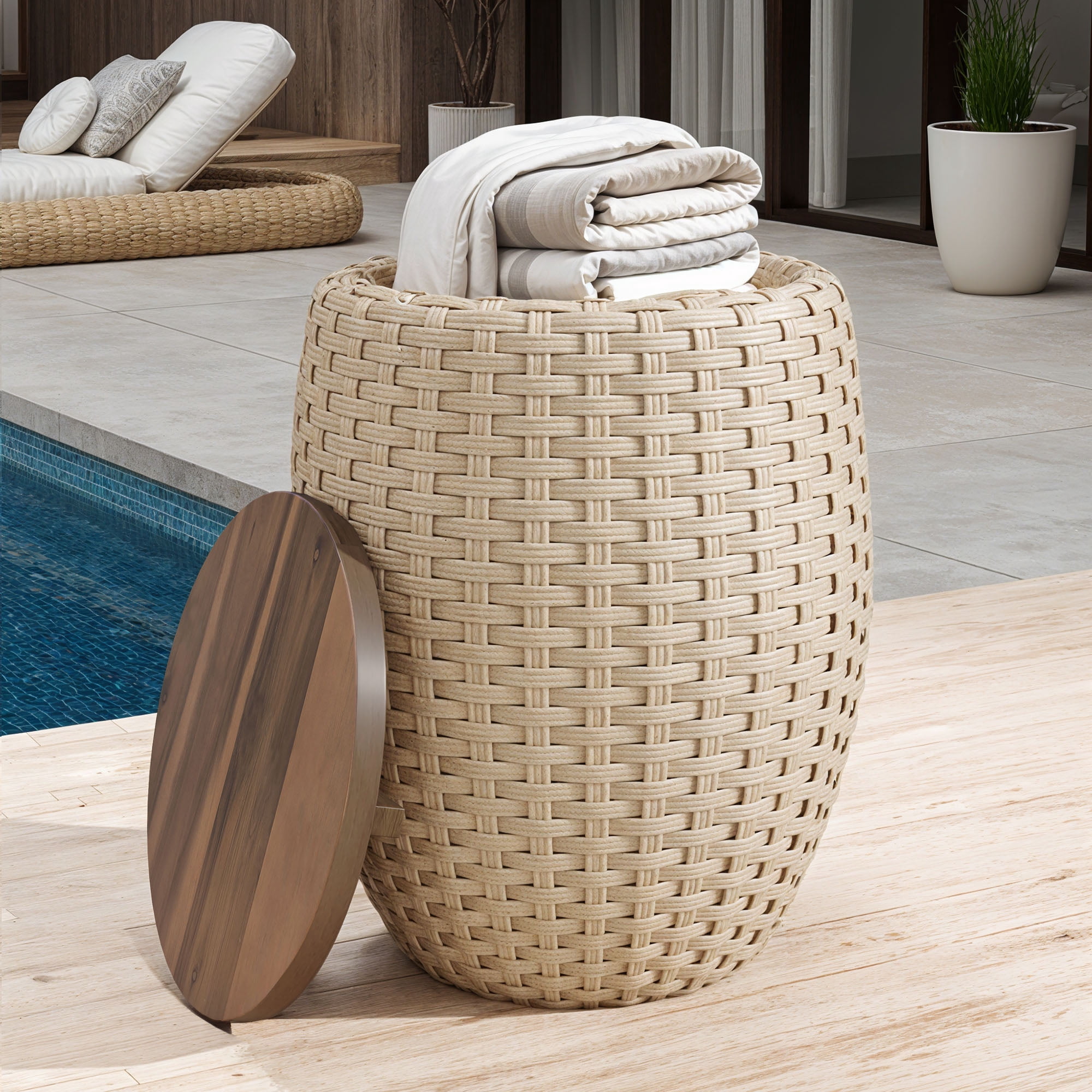 Uforic Outdoor Wicker Drum Side Table set of 2, All-weather Rattan Small Storage Box End Table, Coffee Table with Solid Wood Lid - Brown