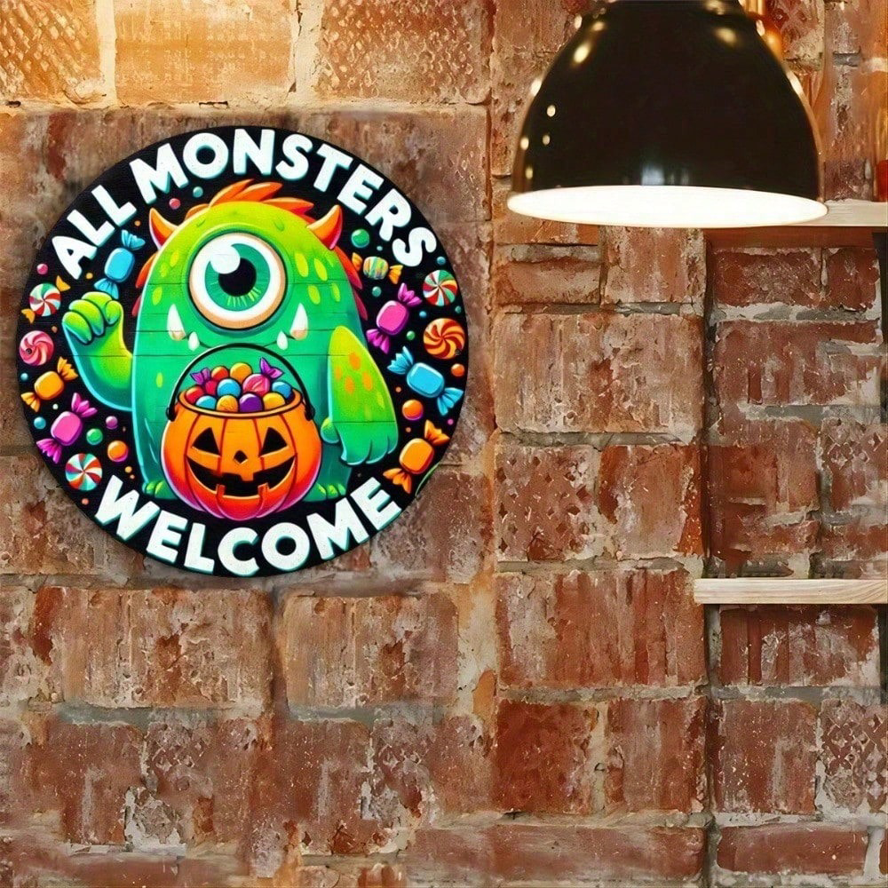 8x8 Inch Round Halloween Metal Sign, 2D Flat Tin Wall Art, Monster Printed Rustic Vintage Decor For Home Bar Party