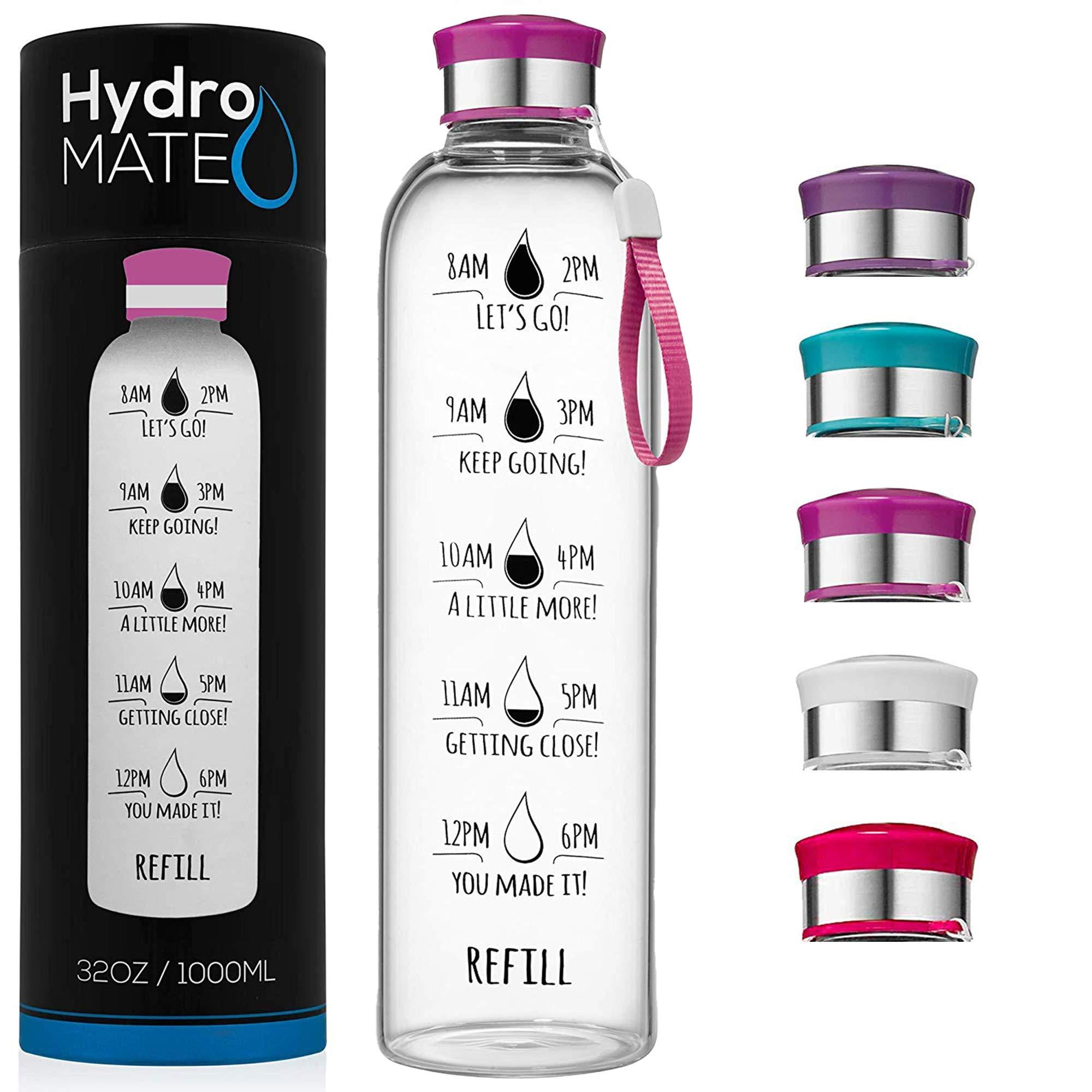 HydroMATE 32Oz Extra Strength Motivational Glass Water Bottle with Time