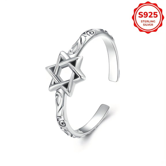 [2.6G Sterling Silver Cuff Ring] 1pc Vintage Classic Luxury Style 925 Sterling Silver Open Cuff Ring for Women, 1.4G Star of David Design, Adjustable, Ideal for Party And Vacation Gift,Silver