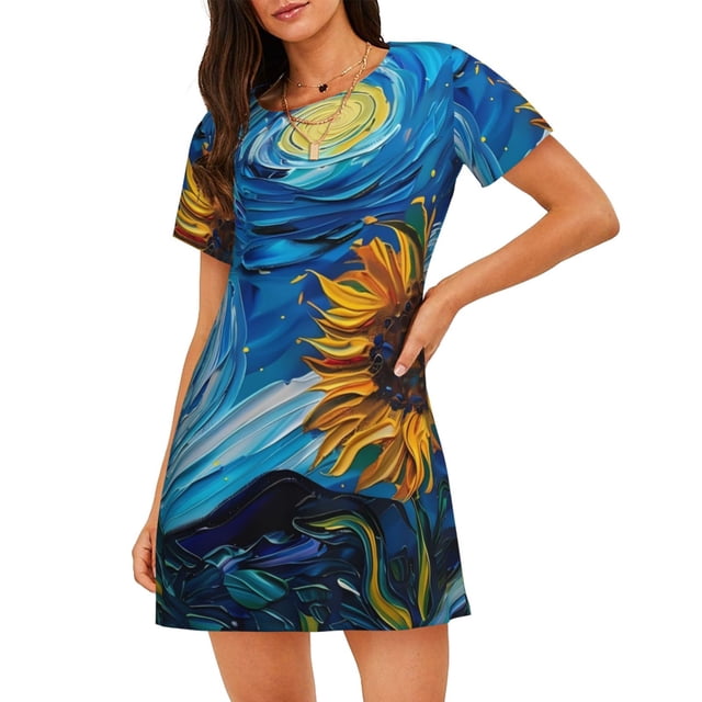 Fotbe Starry Night Sunflower Field Bata de Dormir para Mujer con Estampado, Camisón de Algodón de Manga Corta, Ropa de Dormir Casual