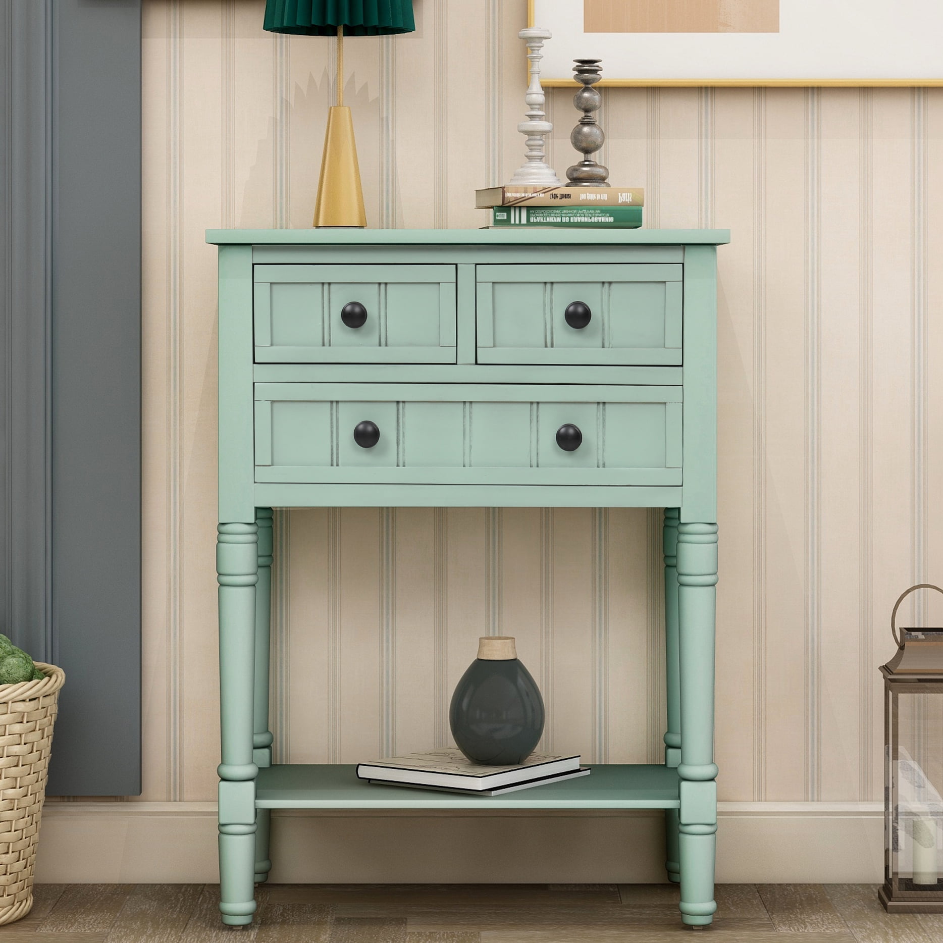 Bellemave Narrow Console Table, Slim Wood Sofa Table with Three Storage Drawers and Bottom Shelf
