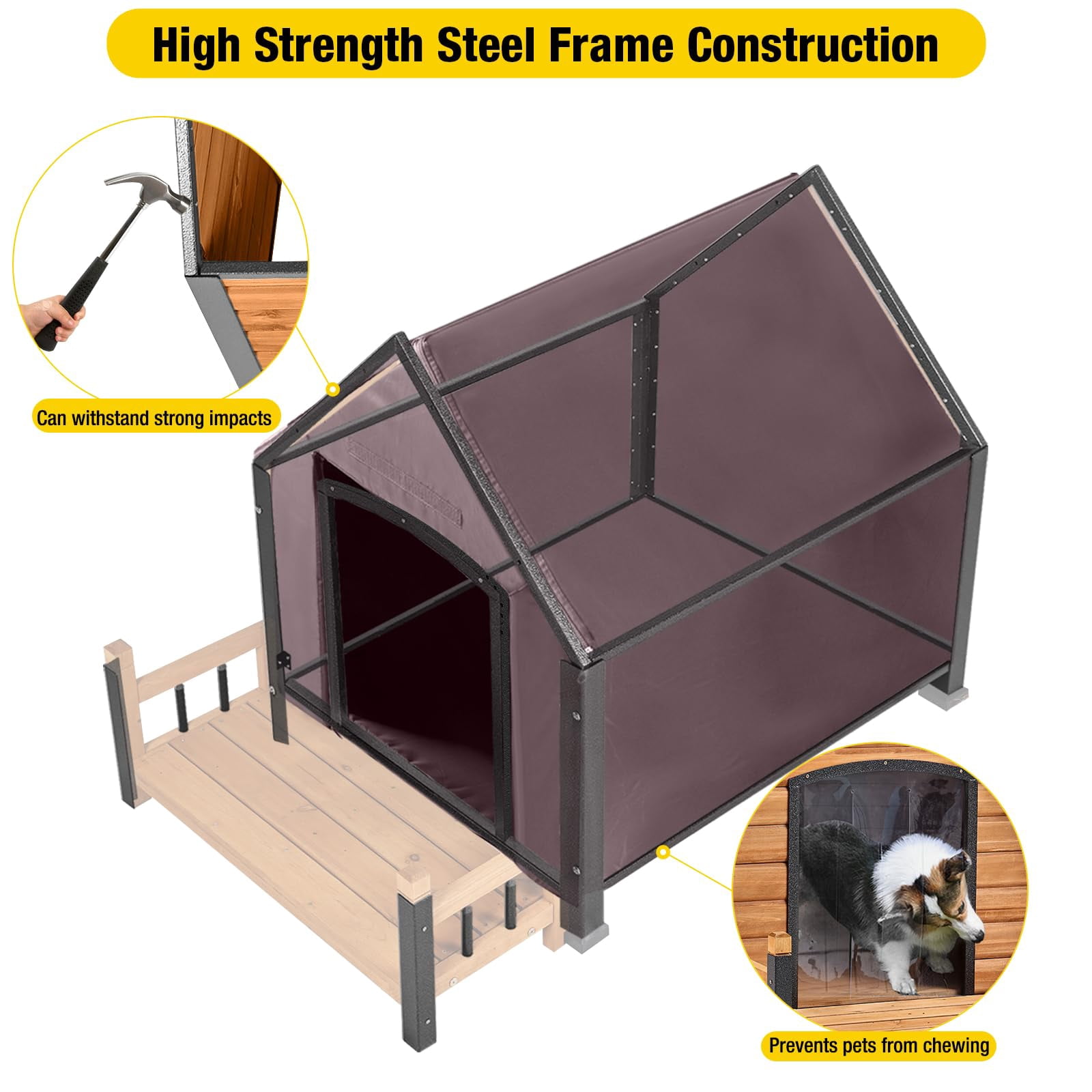 Insulated Dog House for Large Breeds, Weatherproof Outdoor Kennel with Anti-Chew Iron Frame, Spacious Shelter for Multiple Pets, 50.87" L x 45" D x 32.9" W x 32.6" H, Brown