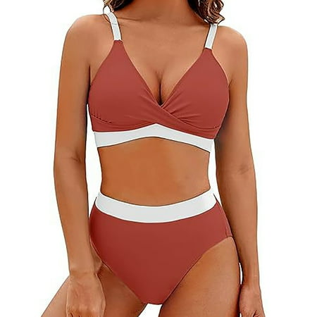 WMTBSRSW Women s Two Piece Bikini Athletic Swimsuit Color Block High Waisted Bathing Suits Cheeky Summer Beach Swimwear