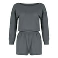 thumbnail image 2 of QUYUON Women 2 Piece Outfits Shorts Sets Long Sleeve Scoop Neck Crop Tops Elastic High Waisted Shorts Pants Lounge Sets Casual Summer Solid Color Two Piece Outfits Pajamas Set Gray M, 2 of 4