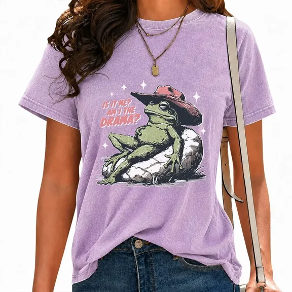 UNISHE Women's Funny Print T-Shirts Cowboy Frog Graphic Tees Washed Vintage Casual Short Sleeve Streetwear Tops Purple, M