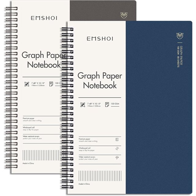 shiyou-Graph Paper Spiral Notebook 7.48" x 10.15" - 2 Pack 320 Pages 100gsm Thick Grid Paper, B5 Graph Paper Notebook, Plastic Hardcover Journals for Writing Engineering Graphing Work School Supplies