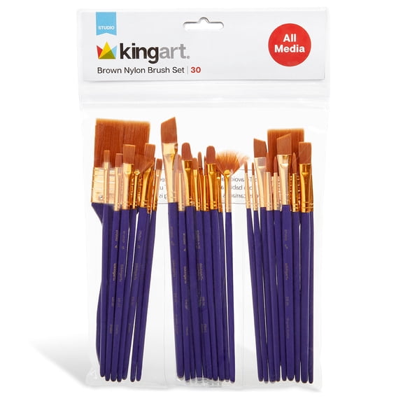 KINGART® Studio All-Purpose Art, Craft & Hobby Golden Nylon Paint Brushes, Set of 30