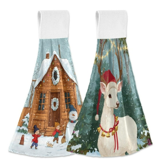 IAUYY Kitchen Hanging Towels Set of 2 100% Polyester Absorbent, Super Soft Hand Towels with Hanging Loops for Bathroom Kitchen Wooden House White Hair