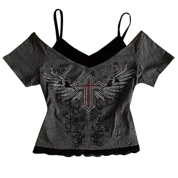 Tiweut Women Tshirt Grunge 2000s Graphic Two Piece Short Sleeve Vintage Y2k Crop Blouse,Grey