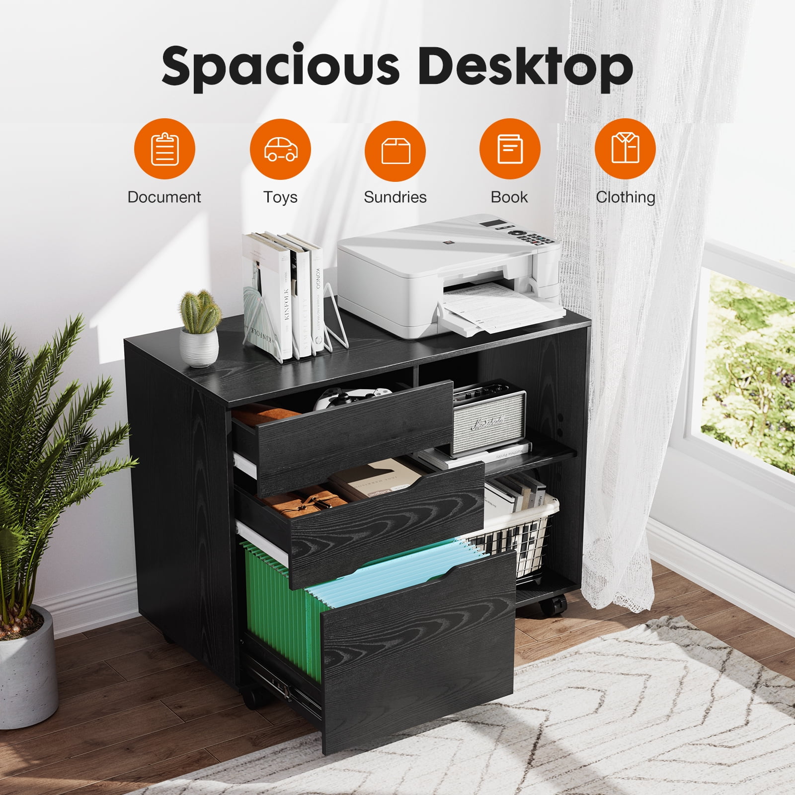 LIFERECORD 3-Drawer Rolling File Cabinet with Open Shelf, Fabric Filing Storage for Home Office, Black