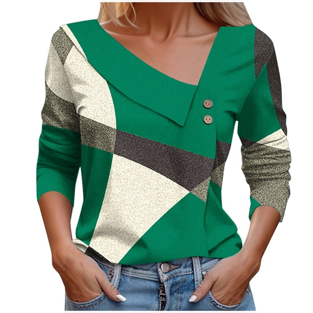 FAIWAD Long Sleeve Tunic Tops for Womens V Neck Button Down Tops Color Block Slim Lightweight Pullover Tops