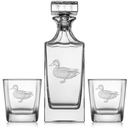 Whiskey Decanter Gift Set With 2 Whiskey Old Fashioned Rocks Glasses Stylized Duck