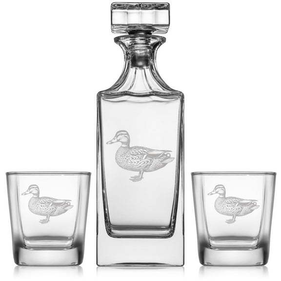 Whiskey Decanter Gift Set With 2 Whiskey Old Fashioned Rocks Glasses Stylized Duck