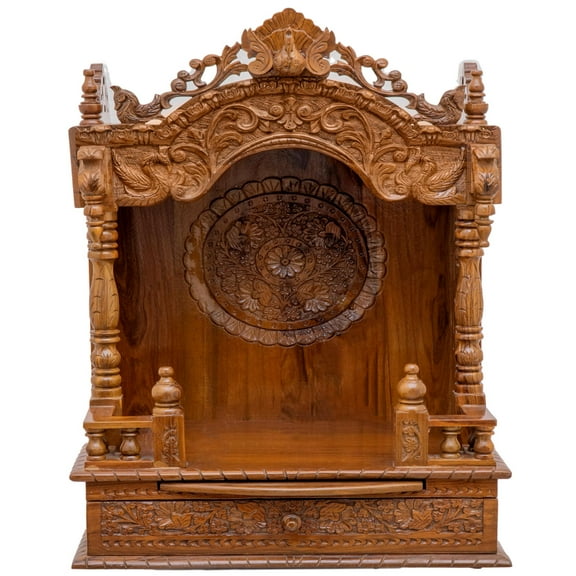 Wooden Engraved Home Puja Mandir by Pooja Bazar - Mandap Temple, Wooden Mandir with Antique Oak Wood Finish 16 X 30 X 39 Inches
