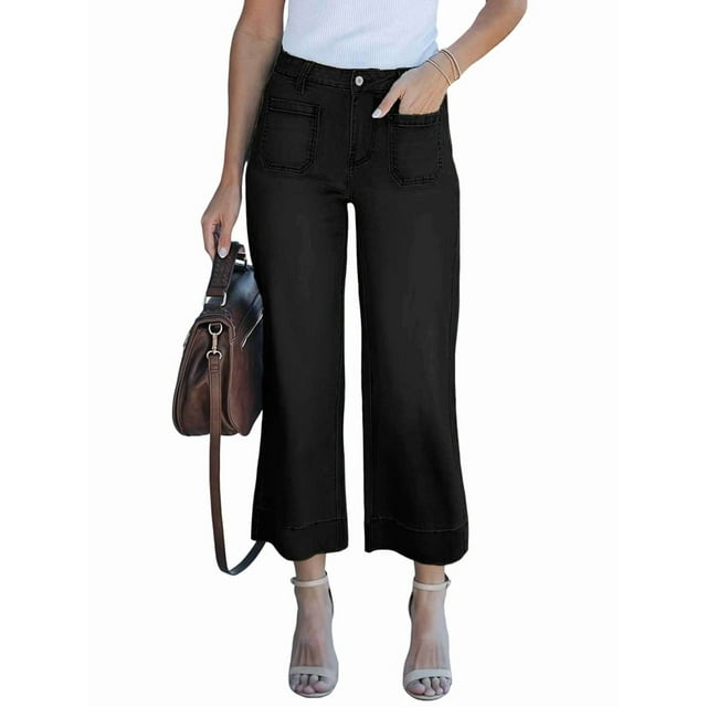 Jeans Évasés Taille Haute Tendance pour Femmes, Pantalon en Denim Court Extensible avec Poches à Rabat Noir TG