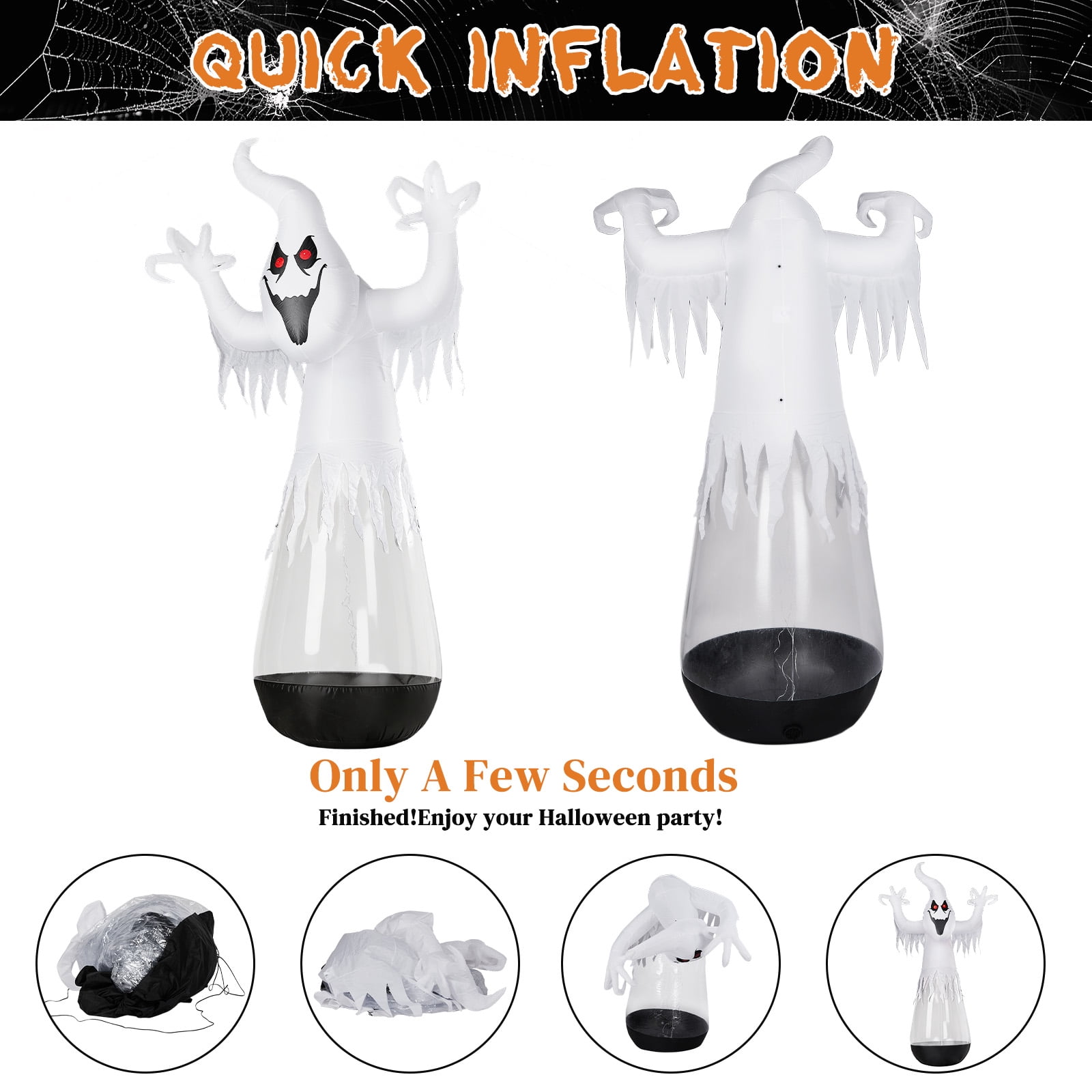 12ft Halloween Inflatable Half-Body Clear PVC White Ghost with 2 LED Lights