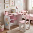 thumbnail image 5 of Kids Study Desk Childrens Learning Table Kids Desk and Chair Set with Built in Storage Shelf White & Pink Cat Design Heart Shaped Cutouts for Bedroom Game Room, 5 of 7
