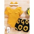 thumbnail image 4 of Hirigin Toddler Baby Girl Summer Clothes Set Short Sleeve Ruffled Bodysuit Romper Sunflower Shorts Headband Set, 4 of 8