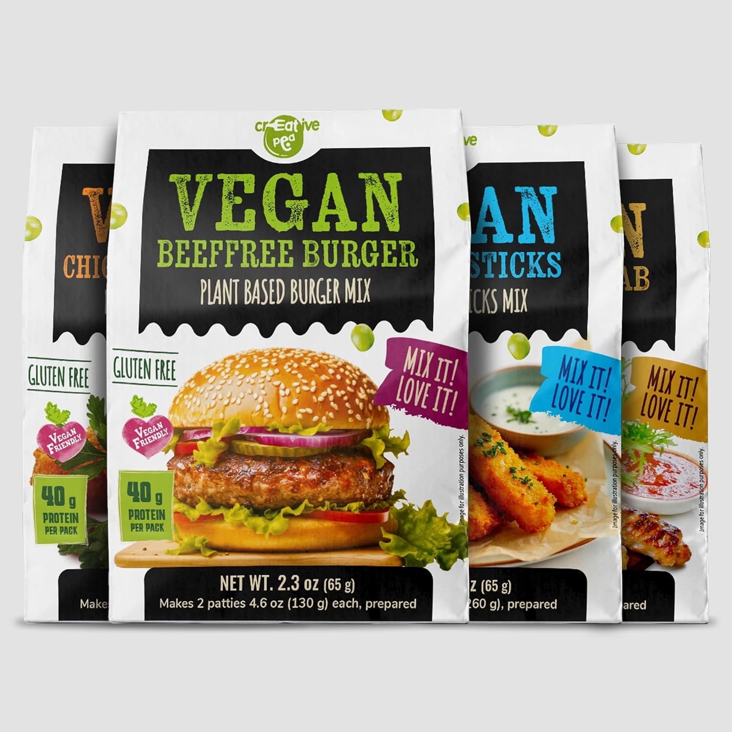 Creative Pea Variety Dry Mix (Burger Nuggets Fish Sticks & Kebab) – Just Add Water & Oil 4-Pack (65g Each) Makes ~1 kg (2 lb) Prepared Food Plant-Based Gluten-Free