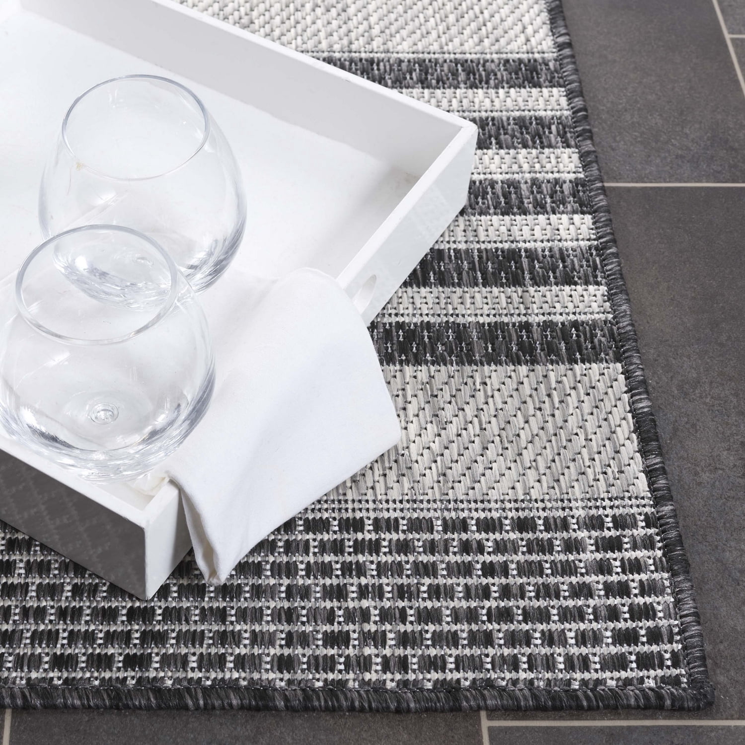 SAFAVIEH Beach House Jenelle Striped Indoor/Outdoor Runner Rug, Gray/Charcoal, 2'2" x 8'
