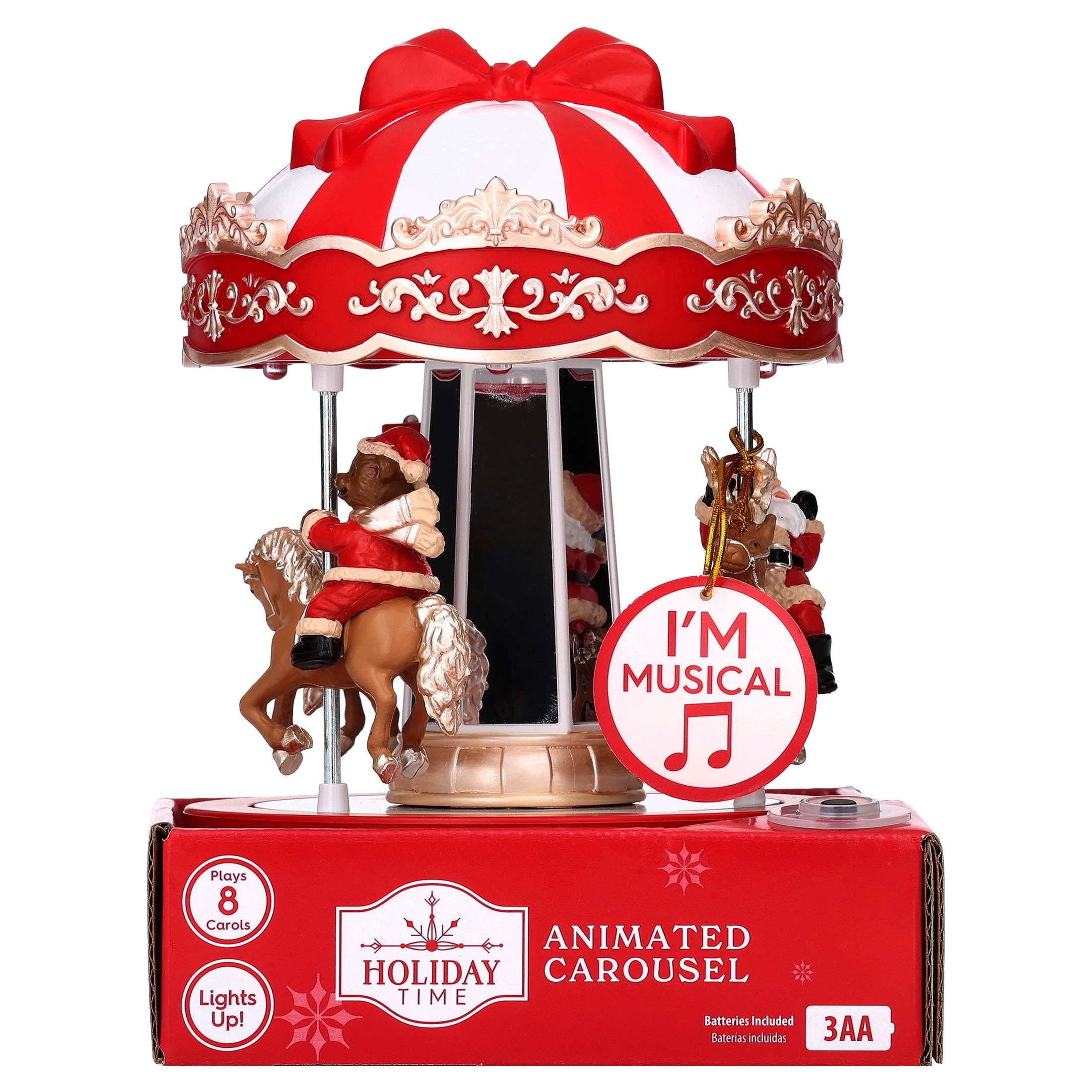 Light-Up and Musical Animated Carousel Christmas Village Decoration, Red and White, 7", by Holiday Time