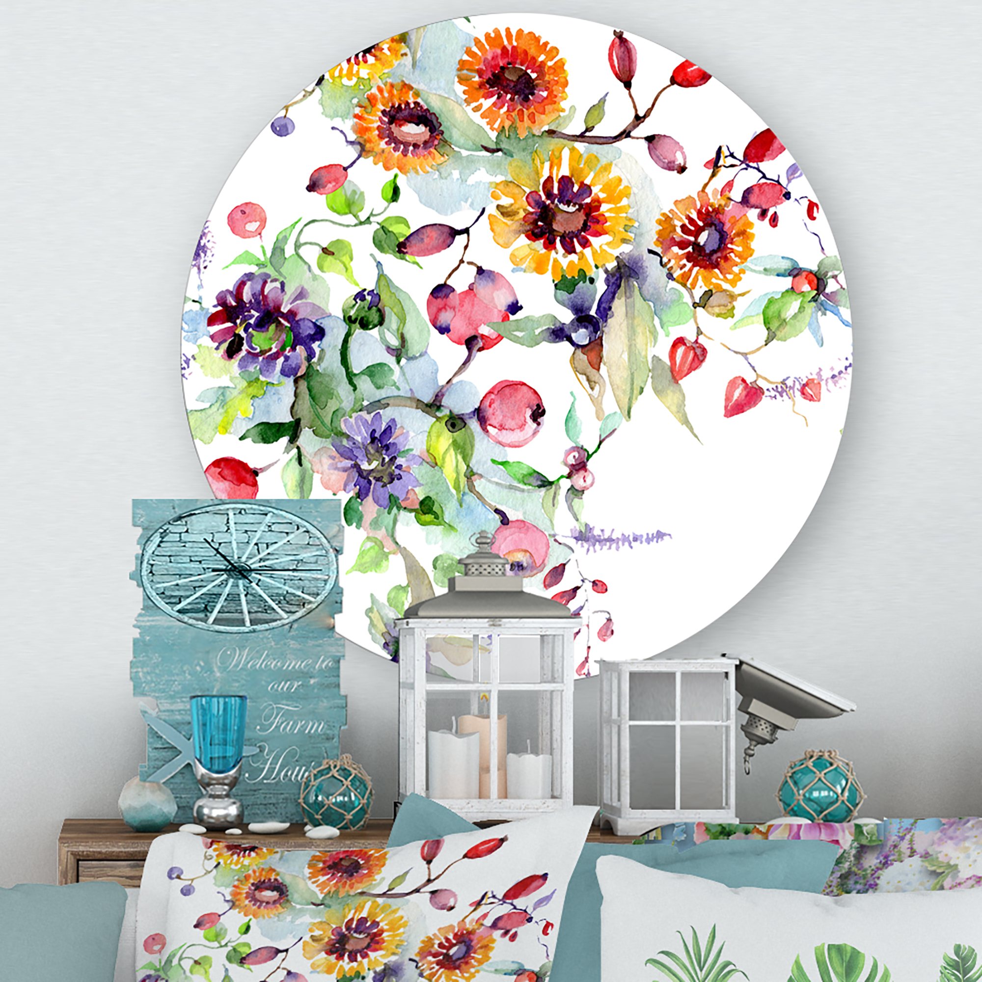 Designart 'Wildflowers and Vibrant Wild Spring Leaves XI' Modern Circle Metal Wall Art 11x11 - Disc of 11