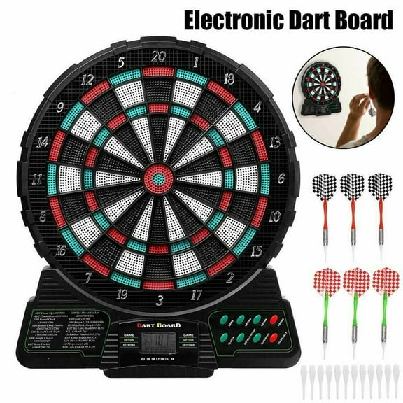 Electronic Tip Dartboard Cabinet Set with Darts for Game Room with 6 Pieces Darts 18pcs Replacement Tips, LCD Display Automatic Scoring Dartboard Target Board