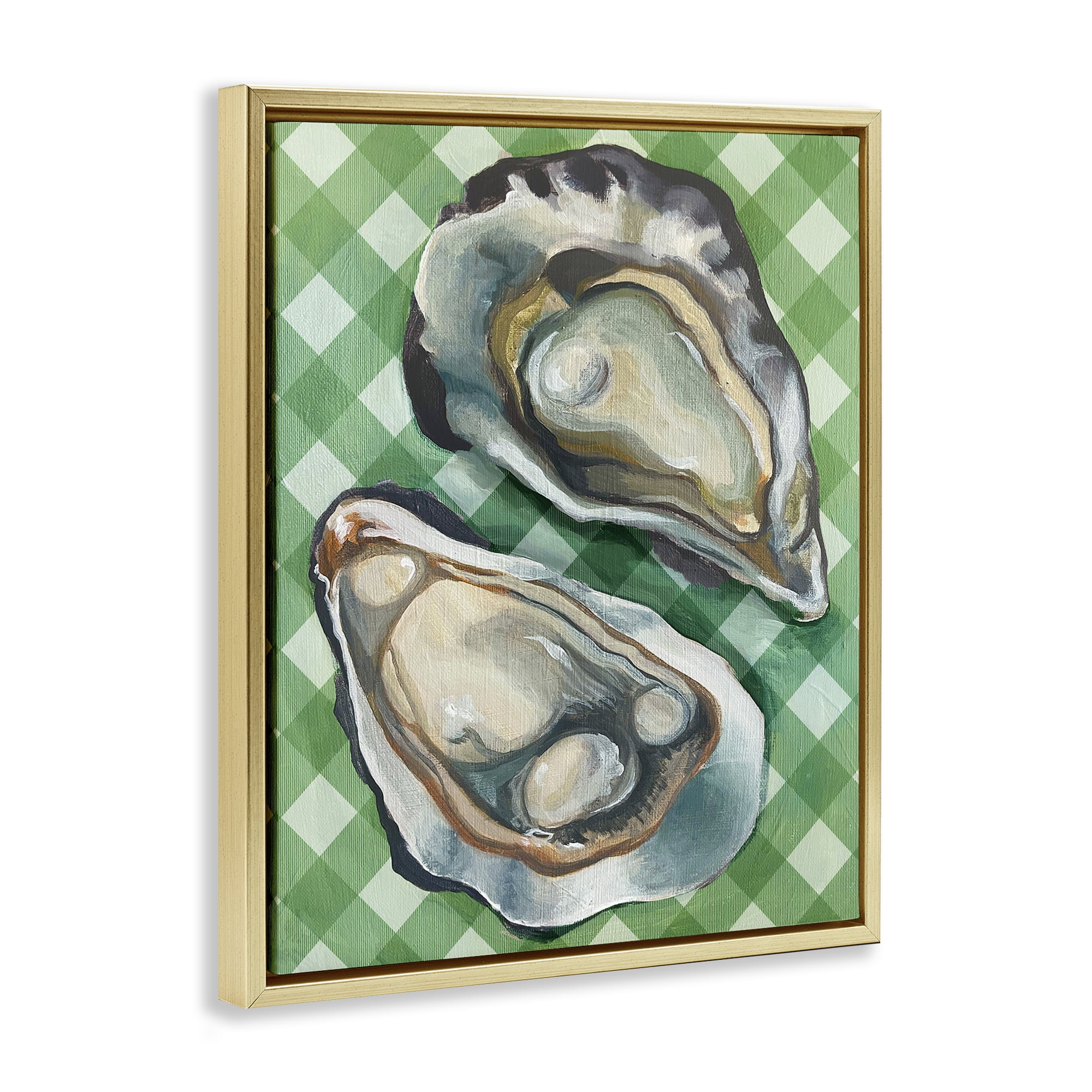 Stupell Industries Oysters on Green Plaid Animals Painting Gold Floater Framed Canvas Art Print Wall Art, 25 x 31