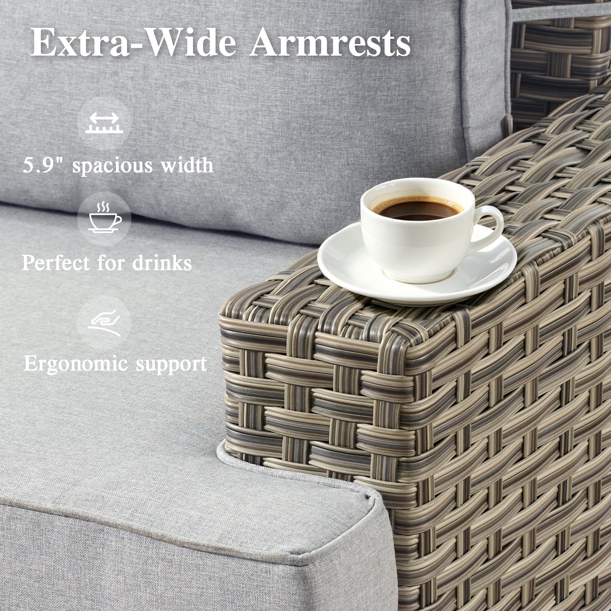 Ovios 6-Piece Outdoor Patio Furniture Set with Solar-Powered Lighted Coffee Table, All-Weather Wicker L-Shaped Sectional Sofa, Gray