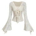 thumbnail image 3 of Women's Y2K Cute Bell Sleeve Tops Floral Print Mesh V Neck Blouse Summer Long Sleeve Ruffle Slim Fitted Going Out Tops with Bow(Beige,S), 3 of 4