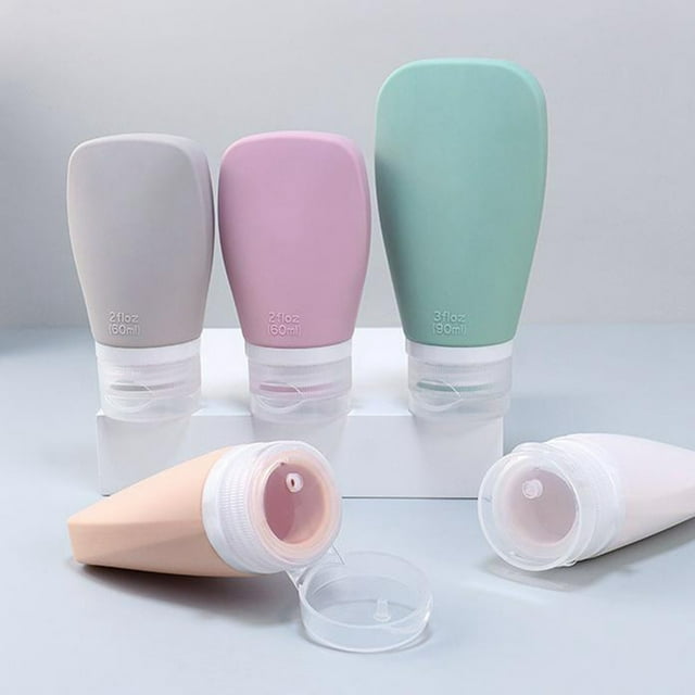 Ensemble de Bouteilles Distributrices Plates en Silicone pour Voyage, pour Usage Extérieur et à la Maison, Étanches, pour le Rangement de Lotion et de Shampoing, Contenants de Voyage