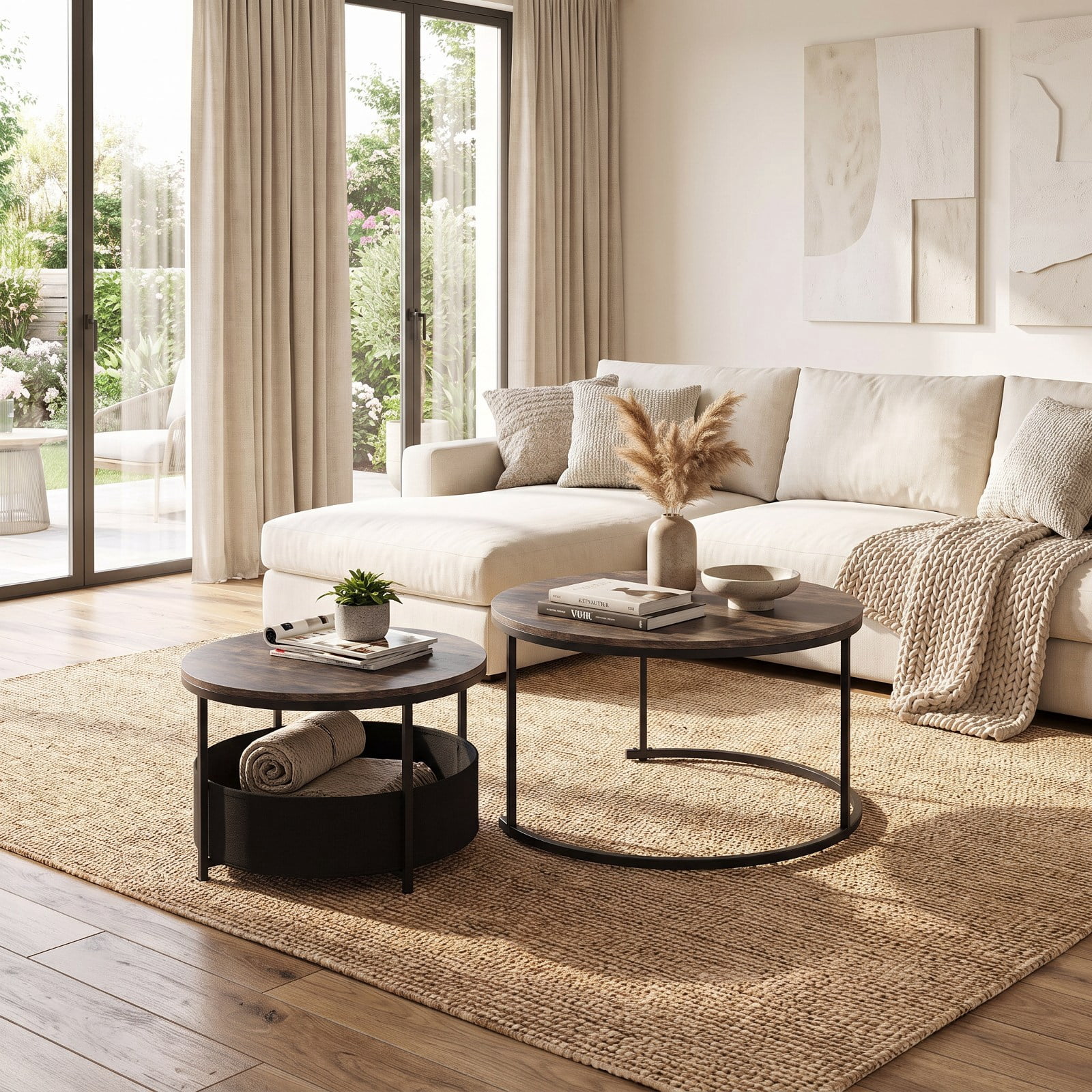 Furnibear Round Coffee Table Set of 2 Nesting Cocktail Tables with Fabric Storage Basket for Living Room and Bedroom, Gray