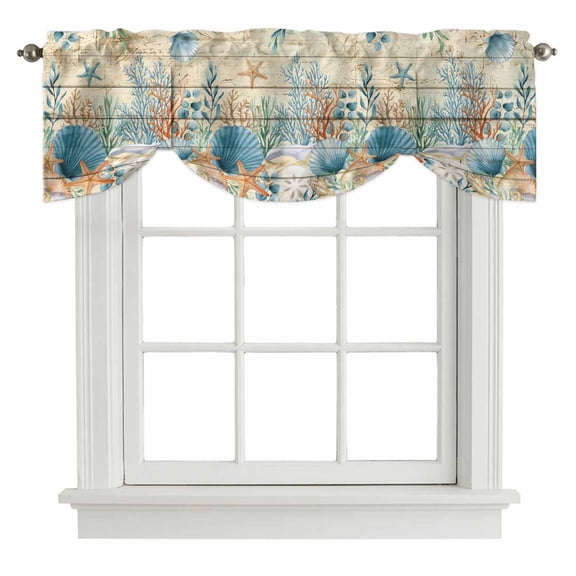Tie Up Valances for Windows, Vintage Beige Coastal Adjustable Valance Curtains Window Treatment for Living Room, Summer Beach Starfish Shell Coral Nautical Rod Pocket Kitchen Curtains 60x18 Inch