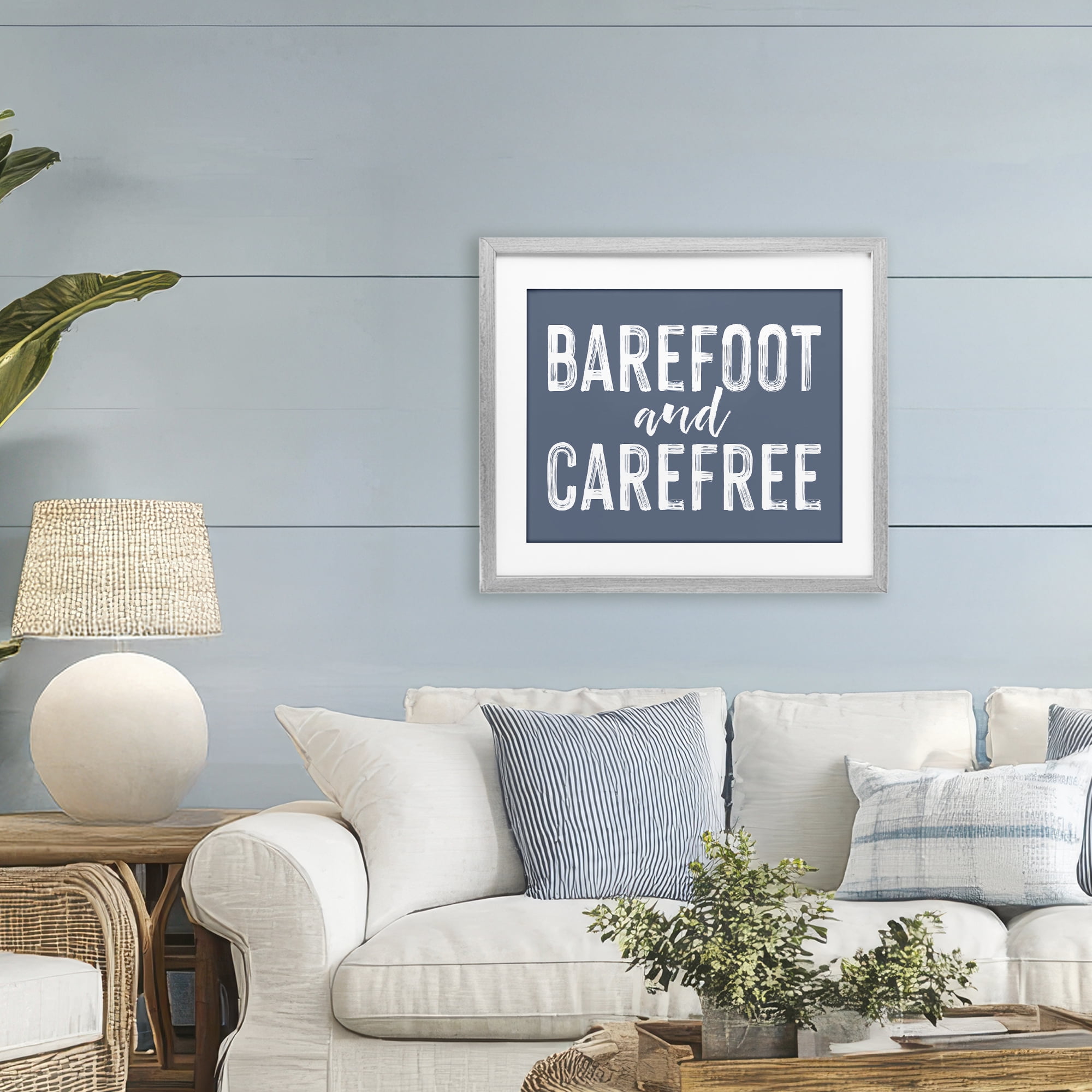 Barefoot & Carefree Blue Gray Framed Print Under Glass, design by Lettered and Lined