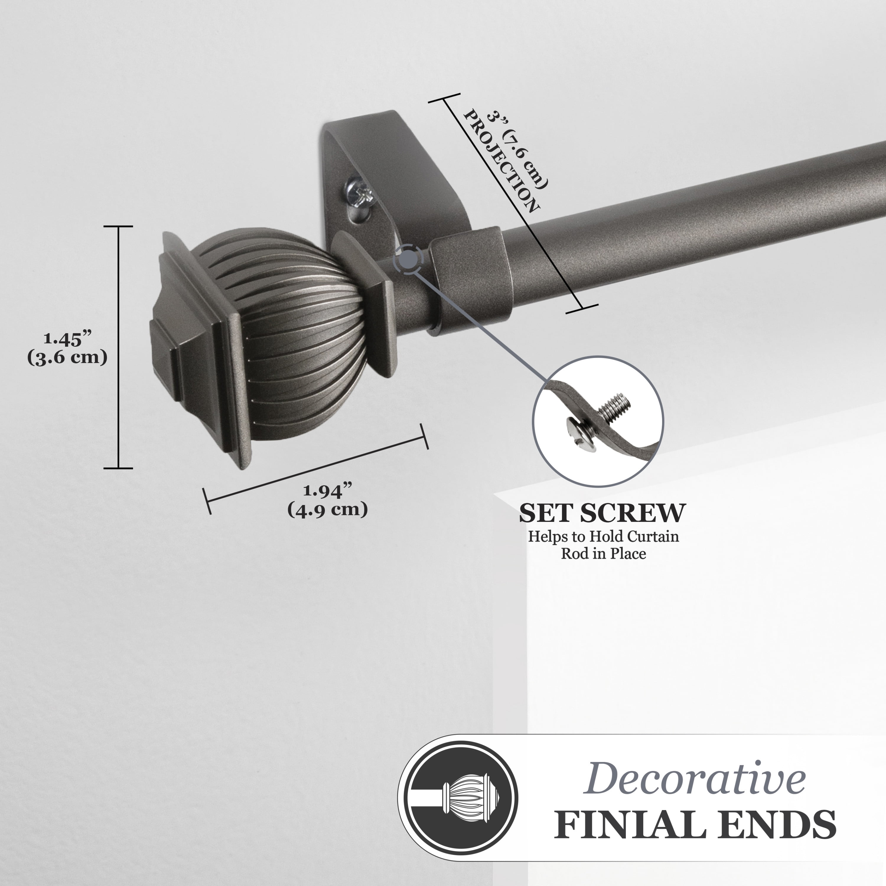 Kenney® Beckett 5/8" Standard Decorative Window Curtain Rod, 28-48", Pewter