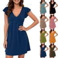 thumbnail image 5 of POIUYTR Women Summer Mini Dress Casual V Neck Ruffle Cap Sleeve Dresses Vacation High Waist Flowy Dresses, 5 of 6