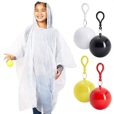 4 Pack Disposable Rain Ponchos for Kids with Hood and Attachable Round Case, Clear Plastic Raincoats for Emergency, Girls, Boys (White)