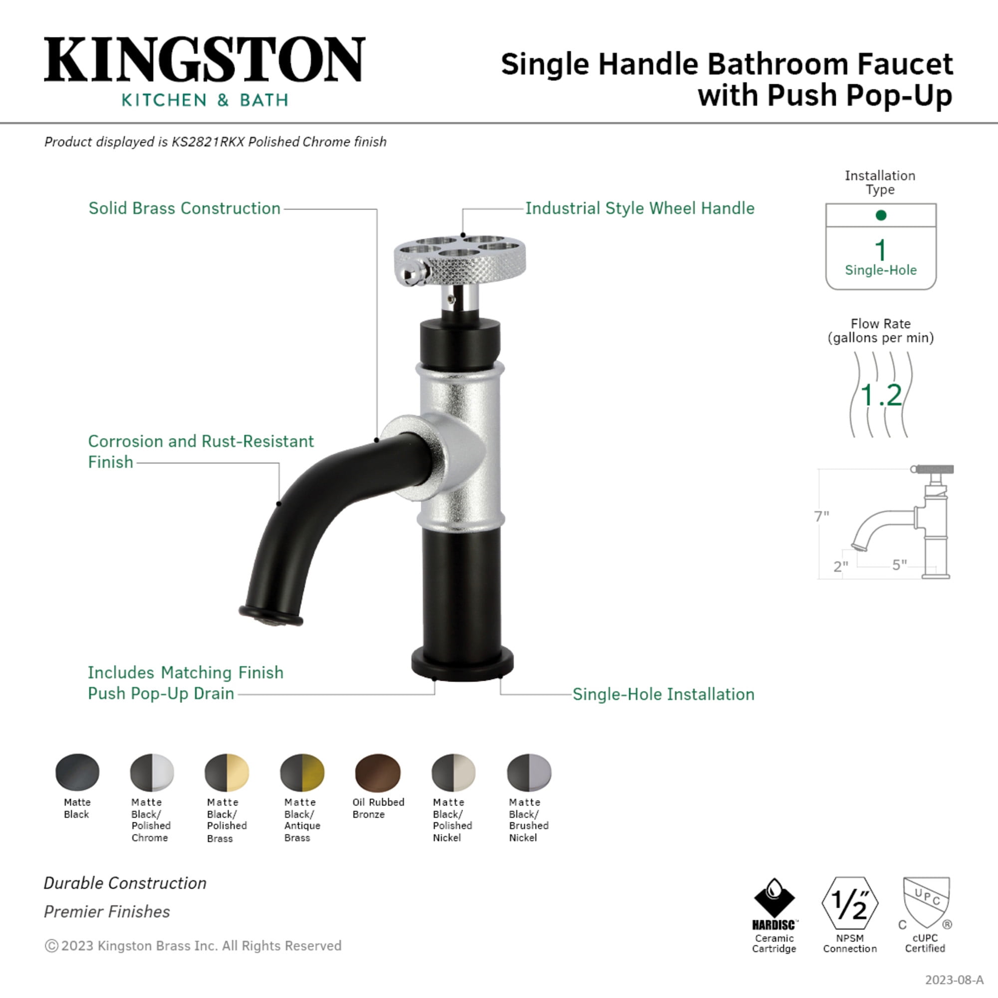 Kingston Brass KS2825RKX Webb One-Handle Single-Hole Bathroom Faucet with Knurled Handle and Push Pop-Up Drain, Oil Rubbed Bronze