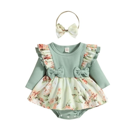 

jaweiwi 2 Pieces Baby Girls Fake-two Jumpsuit Dresses Floral Print Round Neck Long Sleeve Ruffle Romper with Skirt Hem+ Headband Size 0 6 9 12 18 Months