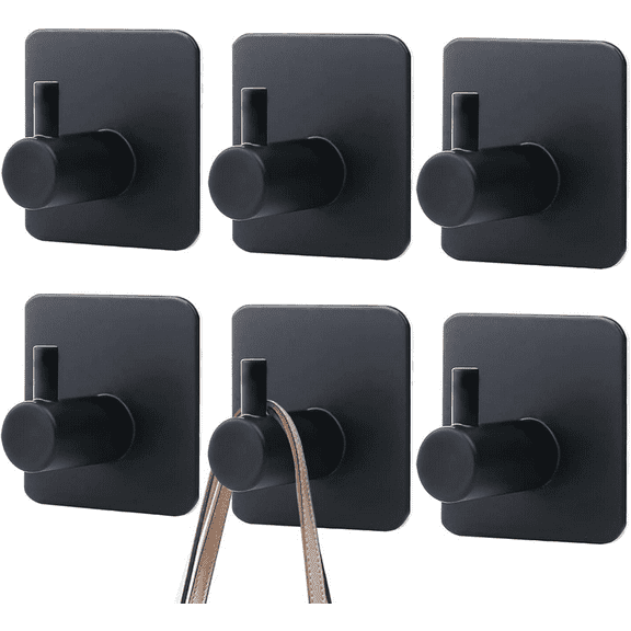 6 Pack Self Adhesive Hooks,Heavy Duty Stick On Wall and Door Hooks for Hanging,Bathroom Towel Hooks and Kitchen Hallway Sticky Black Hooks,Coat Hooks Robe Hook Wall Mounted,Stainless Rustproof
