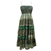 Mogul Womens Sundress Speghatti Strap Patchwork Printed Smocked Bodice Long Dress