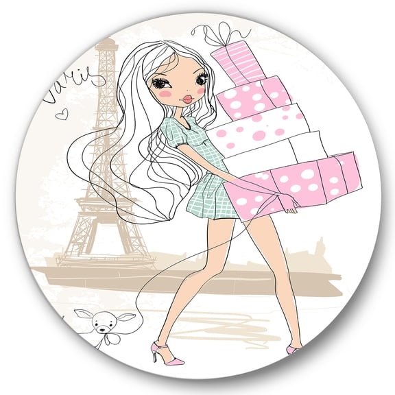 Designart 'Young Woman With Shopping Boxes In Paris' Shabby Chic Circle Metal Wall Art 36x36 - Disc of 36