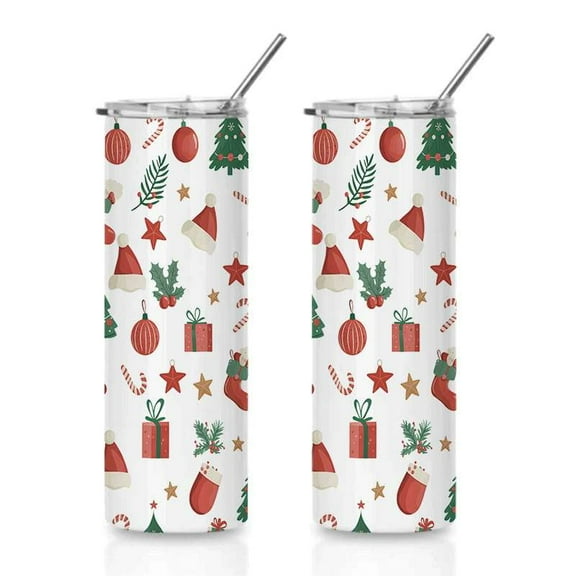 Skinny Christmas Mug with Straw & Spill-Proof Lid, Stainless Steel Double-Wall Insulated Travel Tumbler Featuring Holiday Gifts & Candy Canes